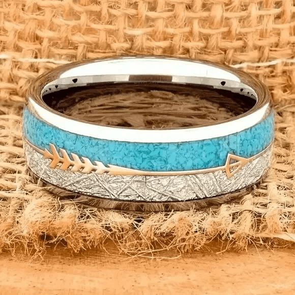 Western Arrow Turquoise Inlay Stainless Steel Wedding Mens Ring - Picture 5 of 6